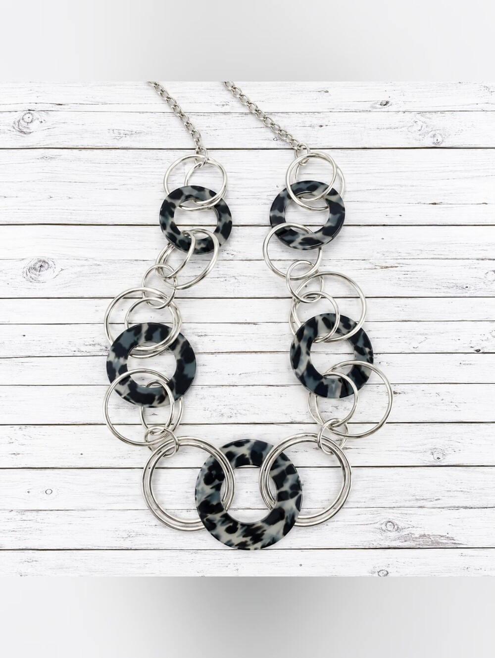 Silver Tone Gray Leopard Circle Link Statement Necklace New